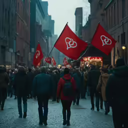 several red flags are on the sidewalk with many people walking down the street