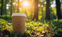 a cup of coffee sitting in the middle of the woods