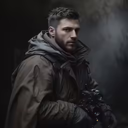 a man with a beard and jacket holding a camera