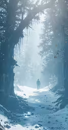 a lone man walks on the snow covered path between trees