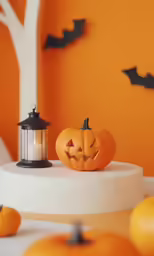 an orange wall and two jack o lanterns