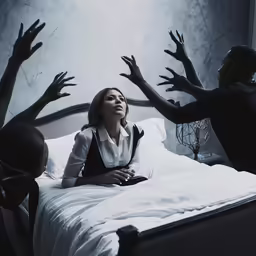 three people sitting on top of a bed with their hands up