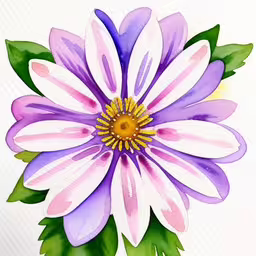 a painted pink flower with purple petals on a white background,a watercolor painting of a purple and white flower