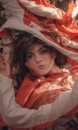 a woman wearing an orange and white outfit