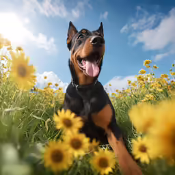 a black and brown dog in the middle of yellow flowers