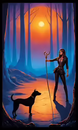a painting of a girl with a dog on a path