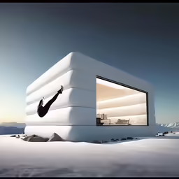 a person jumping over a white cube in the snow