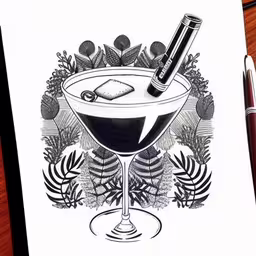 an ink drawing of a cocktail glass with two slices of cake,an art piece of a cocktail glass in a hand drawn sketch