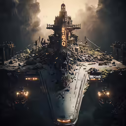 a naval ship is floating in a very dark and gloomy world