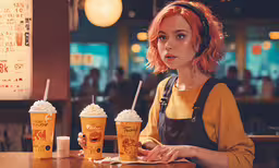 a woman sitting at a table in a restaurant next to two drinks,an image of a lady that is eating ice cream