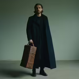 man standing in a room holding a brown bag