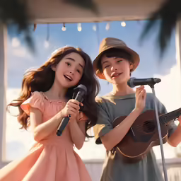 the two girls sing together while playing guitar and singing into the microphone