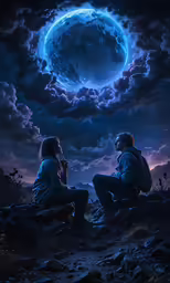 a couple sits on rocks, under an image of a planet with stars