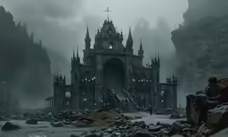 a fantasy castle with a large staircase in the middle of it