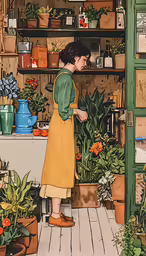 there is a woman standing by plants in a flower shop