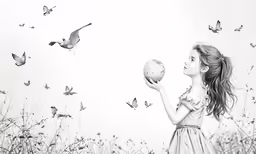 a child holding a ball standing next to a field of grass