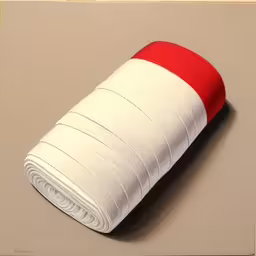 an image of a white object that has red stripes,a piece of paper on the ground with some red tape on top,there is an artistic picture on this picture,there is a large roll of paper on the table,a roll of cloth sitting on top of a rug