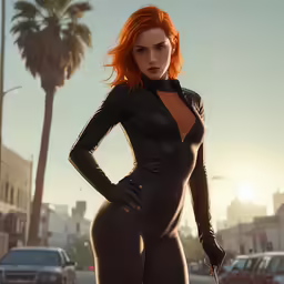 a sexy woman in a bodysuit poses near palm trees