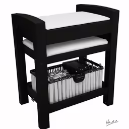 a black stool with two dish racks filled with dishes