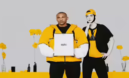 two men are in costume holding a sign