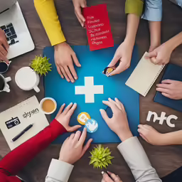 several people at a table are putting their hands on the table