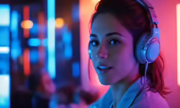 the woman wearing headphones looks up to her left
