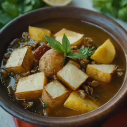 a brown bowl filled with different types of food
