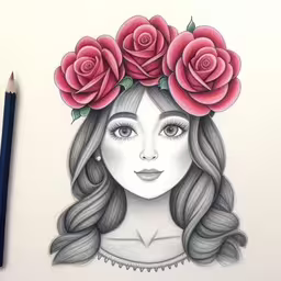 a drawing of a woman wearing three roses on her head,there is a drawing on the paper with roses