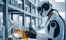 woman in white suit holding an object near a glass