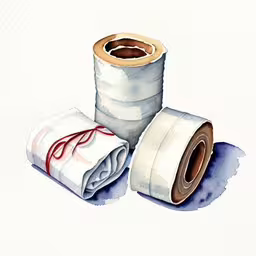 painting of a roll of fabric with two rolls on it,this painting has a piece of paper on top of two rolls of fabric