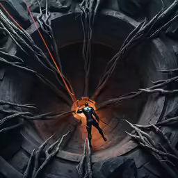 a person in black in a dark tunnel surrounded by trees