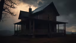 a building sitting in the grass near a tree,a lonely old house sits on top of a hill