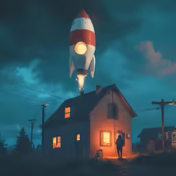 a man is standing by a house next to the rocket on a building