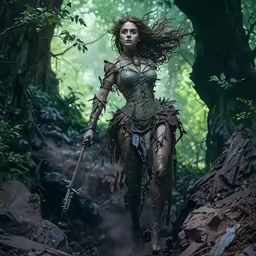 a beautiful woman walking through the woods holding a sword