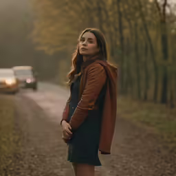 a woman is standing in the middle of a forest, looking at the camera
