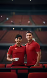 two men with cups pose for a photo in front of the bleachers