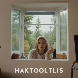 a woman is sitting at the counter with her finger in the air