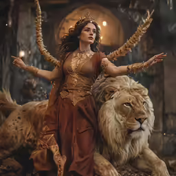 a girl dressed as a lion carrying a woman