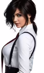 a woman with long black hair wearing white