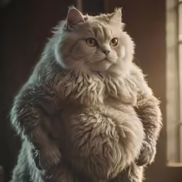 a white cat standing next to a window