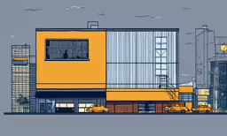 an illustration of a drawing of a building,an illustrated view of a yellow building with many windows