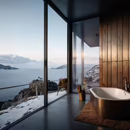 an elegant bathroom with a large view outside