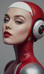 a woman in a red and silver dress is wearing headphones