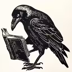 a bird on a table reading a book,a black bird perched on top of an open book