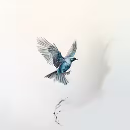 a blue bird flying across a white background,a bird flying in the sky and a water branch