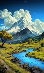 a small stream is on the path leading to the edge of a large mountain