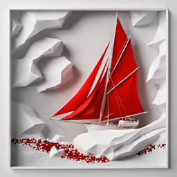 a very pretty red sail boat on some paper