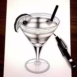 a drawing of a drink with orange slice,a drawing of a cocktail drink sitting on top of a paper