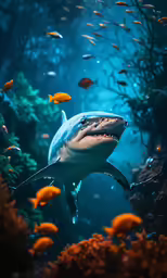 a shark with open mouth is swimming among fish