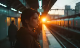 a woman with long dark hair and a sunset